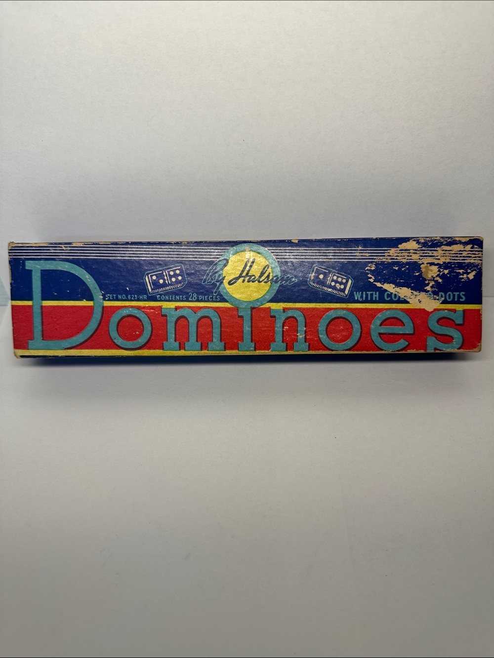 Vintage Dominoes by Halsam set no 623-HR 28 pieces colored dots